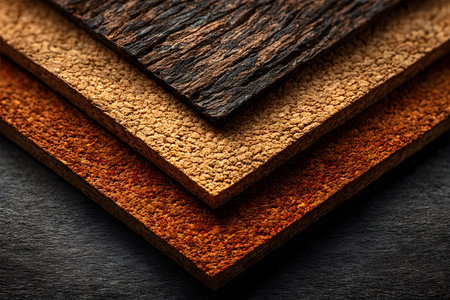 Four textured cork sheets in varying shades from dark brown to ochre, stacked and photographed in detail. their rustic, natural appearance highlights cork's versatility in interior design and sustainable architecture. Generative AIの素材