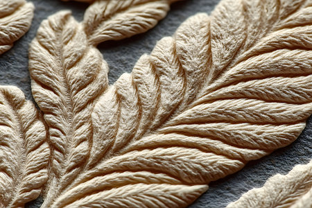 Close-up of intricately detailed leaf patterns on a textured surface. the design showcases natural elegance, fine veins and contours, ideal for nature-inspired themes and creative projects. Generative AIの素材