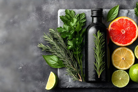 A visually striking composition featuring fresh rosemary, parsley, basil leaves, assorted citrus fruits including grapefruit and lime, with a dark bottle of olive oil set on a textured slate surface, perfect for culinary inspiration and design. Generative AIの素材