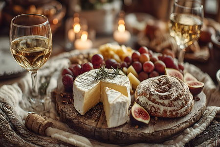 A rustic cheese platter features a creamy wheel of brie, artisan bread, bunches of grapes, and ripe figs, accompanied by glasses of white wine. warm candlelight in the background sets an inviting and elegant atmosphere, ideal for stylish gatherings. Generative AIの素材