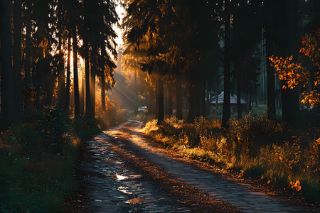A tranquil forest path bathed in the warm, golden light of dawn. tall trees frame the scene, casting long shadows on the path. autumn leaves scatter the ground, adding a touch of color and life to the peaceful setting. Generative AIの素材