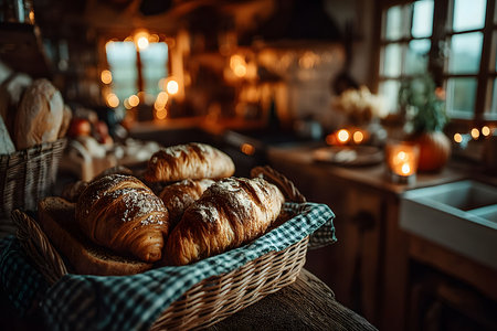 Freshly baked croissants rest in a wicker basket in a rustic kitchen, illuminated by warm candlelight. the scene exudes coziness and a homely atmosphere, with bread and ingredients softly blurred in the background. Generative AIの素材
