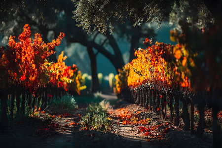A vineyard in autumn showcasing vibrant, colorful foliage. sunlight illuminates the red and orange leaves, creating a stunning visual contrast against the dark, shadowy path and background trees, seasonal transitions. Generative AIの素材