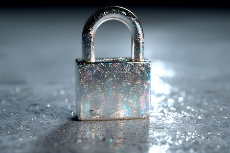 A metallic padlock adorned with shimmering glitter stands elegantly on a reflective surface, symbolizing a blend of security and glamour. the sparkling effect creates a captivating visual contrast against the polished background. Generative AIの素材