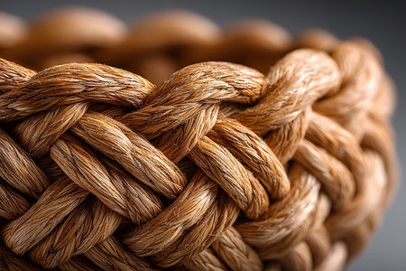 A close-up view of an intricately braided rope, showcasing the detailed texture and craftsmanship. the natural fibers and warm tones highlight a rustic and artisanal aesthetic, perfect for design projects or home decor inspiration. Generative AIの素材