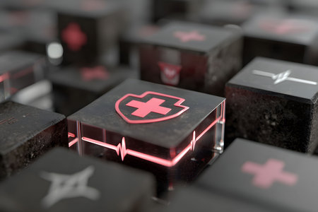 Close-up of medical symbols on a black keyboard with glowing red and white cross icons. the digital design highlights technology's role in modern healthcare, representing innovation and medical advancements. Generative AIの素材