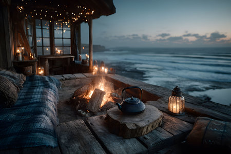 A rustic cabin overlooking the ocean features a cozy seating area with a crackling campfire, twinkling fairy lights, and a teapot on a wooden table. the serene backdrop and warm lighting create an inviting atmosphere for relaxation and reflection. Generative AIの素材