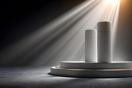 Two cylindrical containers are elegantly displayed on a tiered pedestal, illuminated by dramatic beams of light. the minimalist design highlights product presentation ideals in a shadowy, sophisticated setting perfect for marketing. Generative AIの素材