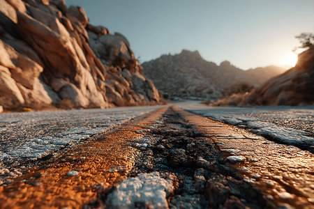 A low-angle shot of a weathered desert road illuminated by the warm glow of sunrise. the rugged rocky landscape and distant mountains create a scenic backdrop, evoking a sense of adventure and exploration. Generative AIの素材