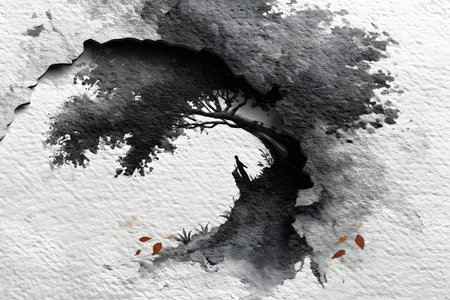 A captivating abstract tree illustration with a silhouette figure, rendered in grayscale watercolor on textured paper. the unique artistic style combines realism and abstraction, featuring subtle natural elements and an intriguing contrast. Generative AIの素材