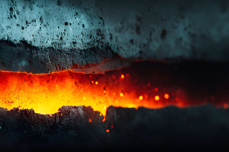 Dynamic scene depicting molten lava flowing through a rugged, textured surface. the intense glow contrasts against dark, rocky edges, illustrating the raw power and beauty of volcanic activity. Generative AIの素材