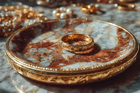 A detailed gold ring rests beautifully on an ornate marble plate. the intricate design and warm tones create a luxurious aesthetic, perfect for elegance and sophistication in jewelry displays. Generative AIの素材