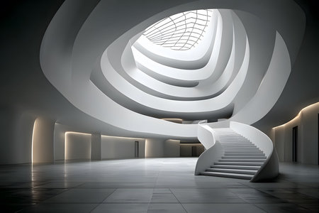 An ultra-modern architectural interior featuring a striking spiral staircase beneath a sculptural ceiling with a skylight. the monochromatic design emphasizes curves and light, creating an open and dynamic atmosphere. Generative AIの素材