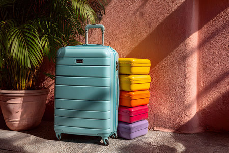 A vibrant travel setup featuring a sleek turquoise suitcase paired with colorful packing cubes against a warm, textured wall. natural sunlight enhances the scene, creating an inviting and organized travel vibe. Generative AIの素材