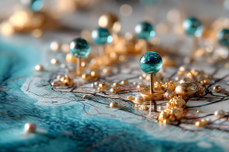Elegant scene featuring gold and blue pins strategically placed on a map, symbolizing luxury travel planning and destination choices. the abstract composition highlights a sophisticated and aspirational theme. Generative AIの素材