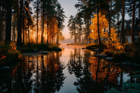 Golden sunlight filters through autumn trees, reflecting off a tranquil forest lake. the rich hues of fall foliage and mist create a peaceful, serene atmosphere. ideal for nature and landscape themes in photography and design. Generative AIの素材