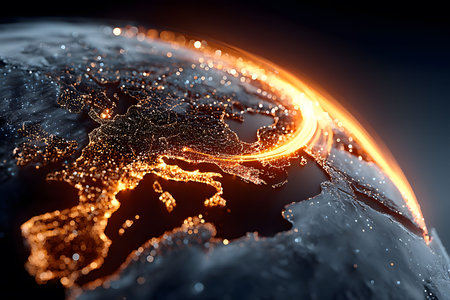 High-resolution digital artwork showcasing europe illuminated with vibrant orange lights on a dark planet, symbolizing global connectivity, technological advancements, and data communication across continents. Generative AIの素材