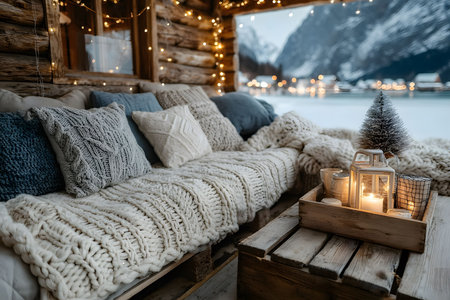 A cozy winter scene featuring a mountain cabin patio adorned with knit blankets and pillows. warm candlelight and fairy lights add to the serene, inviting atmosphere, with snow-covered mountains visible in the background. Generative AIの素材