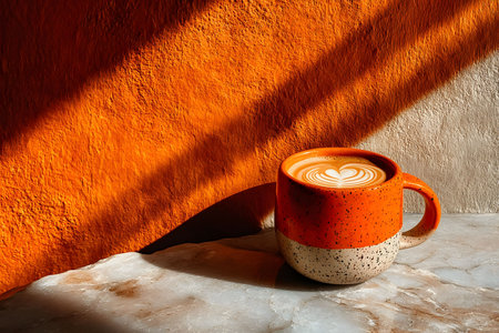 Artisan latte in a two-tone ceramic mug, casting soft shadows against a warm orange backdrop. ideal for themes of warmth, comfort, and relaxation, reflecting cozy coffee shop aesthetics and autumnal vibes. Generative AIの素材