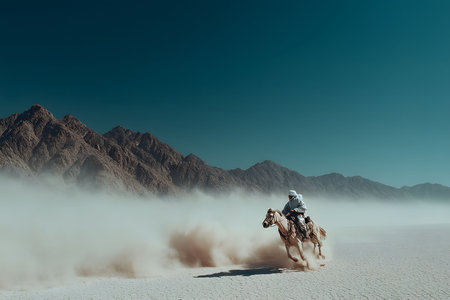 A horse and rider gallop through a vast desert, kicking up a cloud of dust against a backdrop of distant, rugged mountains. the scene evokes a sense of adventure and freedom, capturing the raw beauty of nature and the spirit of exploration. Generative AIの素材