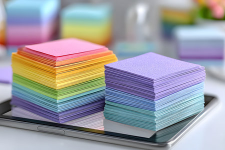 Stacks of rainbow-colored square paper rest on a digital tablet, blending traditional art materials with modern technology. an ideal scene for themes of creativity, organization, and digital art. Generative AIの素材