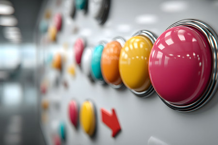 Vibrant, round buttons in various colors are prominently displayed on a sleek control panel. the blurred background enhances the focus on the buttons, making it ideal for industrial, tech, or machinery design projects. Generative AIの素材