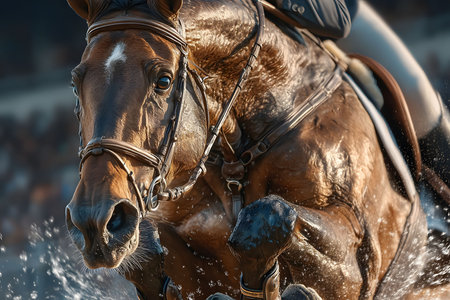 Close-up action shot of a powerful horse mid-leap during an equestrian competition. water droplets scatter as the horse and rider navigate a challenging course. captures the intensity, strength, and precision of horse jumping. Generative AIの素材