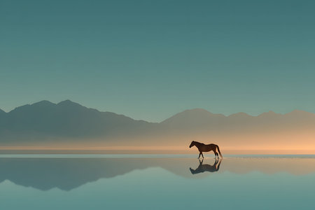 A lone horse stands on the calm surface of a serene lake, with ethereal reflections of distant mist-covered mountains at dawn. the tranquil scene is enveloped in soft hues, capturing the essence of solitude and peace. Generative AIの素材
