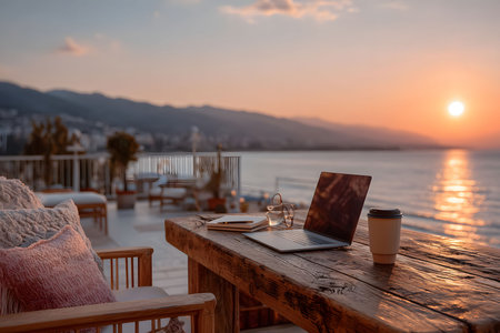 A serene terrace overlooking the ocean during sunrise, featuring a wooden table with a laptop, notebook, glasses, and a coffee cup. cozy seating with cushions completes the peaceful, inspiring workspace ideal for remote work or creative pursuits. Generative AIの素材