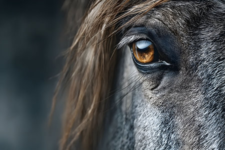 A striking close-up of a horse s eye reveals intricate details and reflects the grace and strength of this majestic animal. the image highlights the texture of the fur and the deep, expressive gaze, offering a glimpse into the beauty of wildlife. Generative AIの素材