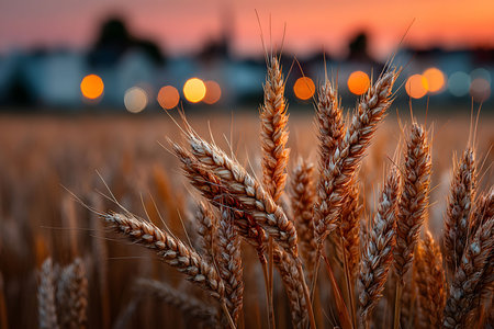 Sunlit wheat stalks stand prominently against a backdrop of a blurred, colorful sunset and out-of-focus urban lights. the scene juxtaposition of nature and industrial life, the golden hues of the wheat. Generative AIの素材