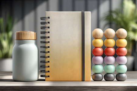 A modern desk setup featuring a spiral-bound gradient notebook, a sleek water bottle with a bamboo lid, and a vibrant abacus sculpture. this aesthetic composition offers inspiration for creativity and productivity in home or office environments. Generative AIの素材