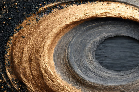 Abstract art featuring an earthy, textured swirl in gold and black tones. the circular pattern and rich color palette make it ideal for use in modern design prints, posters, or as a digital background. Generative AIの素材