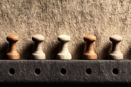 Five wooden pegs, each with a unique color tone, are aligned on a textured background. the arrangement invokes themes of minimalism, symmetry, and natural materials, making it ideal for use in design projects and artistic compositions. Generative AIの素材