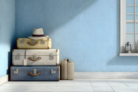 Vintage suitcases stacked against a pastel blue wall in a minimalist room, accompanied by a hat and small bags. natural light filters in through a nearby window, creating a serene, travel-inspired atmosphere. Generative AIの素材