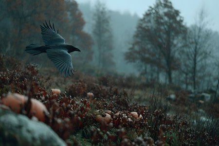 A raven elegantly flies over an autumn landscape filled with pumpkins on a misty day. the scene serenity of nature, the changing foliage and the atmospheric fog enveloping the background. Generative AIの素材