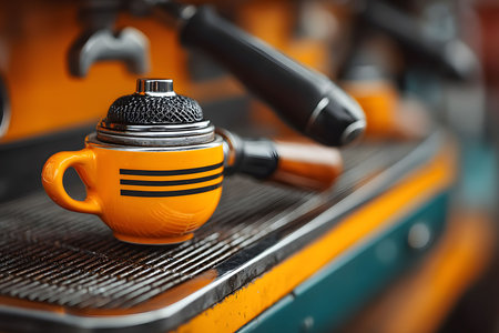 A vibrant orange cup and chrome portafilter sit atop a gleaming vintage espresso machine, showcasing retro design elements. the image reflects a nostalgic ambiance perfect for cafes, coffee enthusiasts, and retro-themed decor. Generative AIの素材