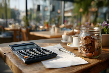 Outdoor cafe table set with a calculator, jar of coins, pen, and document. sunlight filters through greenery, creating a warm atmosphere. ideal for themes of financial planning, budgeting, or savings. Generative AIの素材