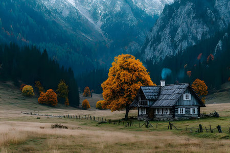 A charming rustic cabin nestled in a scenic mountainous area, surrounded by vibrant autumn foliage. a plume of smoke rises from the chimney, suggesting a cozy interior amidst the serene natural beauty and majestic peaks. Generative AIの素材