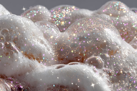 A close-up view of soap bubbles glistening with iridescent glitter. the sparkling effect creates a magical, whimsical atmosphere ideal for beauty, spa, or creative design concepts. perfect for backgrounds or decorative elements. Generative AIの素材