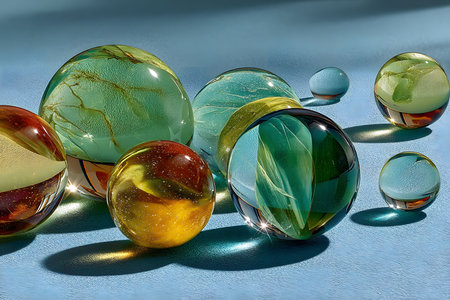 Various glass marbles of different sizes display vibrant colors and intricate patterns on a textured blue surface. light reflections and shadows add depth, enhancing the visual appeal and emphasizing the marbles' transparency. Generative AIの素材