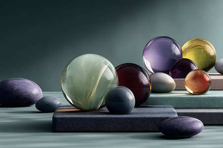 Vibrant spheres of varied colors rest on textured stone platforms against a gradient backdrop. the composition highlights geometric shapes and material contrasts, making it ideal for contemporary design and artistic concepts. Generative AIの素材