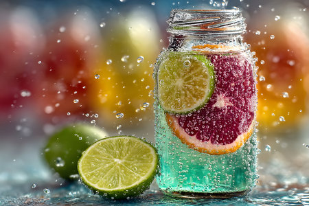 A vibrant and refreshing scene featuring a chilled beverage jar filled with lime and orange slices amidst a splash of water. the composition reflects a sense of freshness, summer vibrancy, and citrus zest. Generative AIの素材