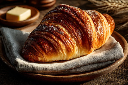 A freshly baked, golden-brown croissant rests on a linen cloth atop a wooden plate, accompanied by a pat of butter. the rustic setting with wheat sprigs adds a cozy, artisanal vibe, perfect for breakfast or bakery-themed visuals. Generative AIの素材
