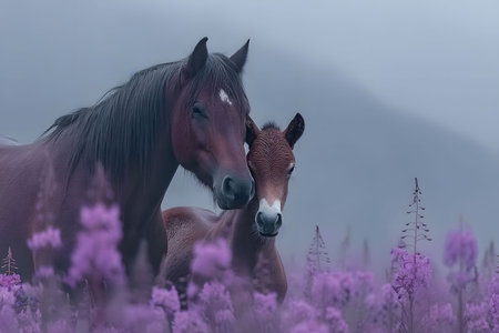 A serene scene of a mare and her foal surrounded by vibrant lavender flowers in a misty meadow. the gentle bond between the horses exudes calmness, capturing the tranquil essence of rural life and nature. Generative AIの素材