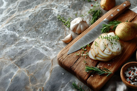 A rustic culinary arrangement featuring sliced pears with herbs on a wooden board. a kitchen knife rests beside, surrounded by garlic cloves and sprigs of rosemary, with a backdrop of textured stone surface. Generative AIの素材