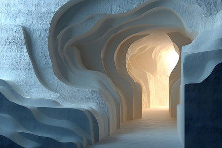 A mesmerizing passageway carved through sandstone, creating a series of smooth, flowing curves. soft natural light illuminates the path, enhancing the textures and inviting exploration of this tranquil space. Generative AIの素材