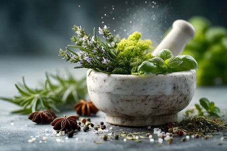 Fresh rosemary, thyme, basil, and green herbs sit in a marble mortar surrounded by a mix of whole spices, including star anise and peppercorns. a blend of culinary elements set against a rustic kitchen backdrop. Generative AIの素材
