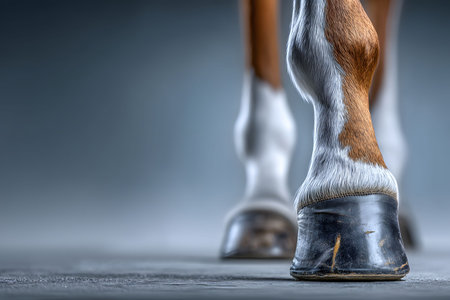 Close-up imagery the intricate details of a horse's legs and hooves, showcasing the texture of the fur and the sturdy structure of the hooves. captured in a serene environment, emphasizing the strength and elegance of equestrian life. Generative AIの素材
