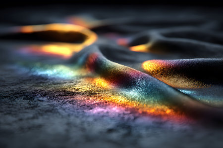 Abstract close-up of a textured surface exhibiting iridescent colors and dynamic light reflections. ideal for creative design projects, showcasing vibrant hues and fluid forms for inspiring visual compositions. Generative AIの素材
